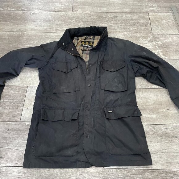 Vintage Barbour Tailored Sapper Wax Jacket Size L XL Navy Waxed Cotton - Picture 1 of 8